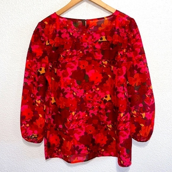 Loft Red Orange Tiered Floral Sheer Woman Blouse - Picture 2 of 11